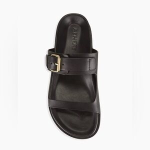 A Emery Prince Sandal Black Slide Sandals with Gold Buckle